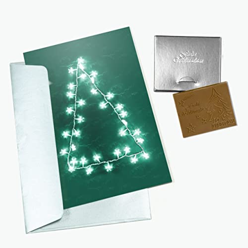 CHOCO SECRETS | 5 Weihnachtskarten mit geprägter „Frohe Weihnachten“ Schokolade inkl. Umschläge, in silbernen Schachteln | Grußkarten-Motiv Tannenbaum aus Lichter | Umschläge in Silber von CHOCO SECRETS