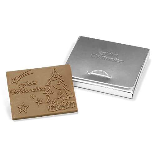 CHOCO SECRETS | DIY Schoko-Weihnachtstafel zum selber kleben auf eine Weihnachtskarte | Schachtel und Schokolade mit Prägung: „Frohe Weihnachten“ | Silberne Schachtel | 20er Set von CHOCO SECRETS