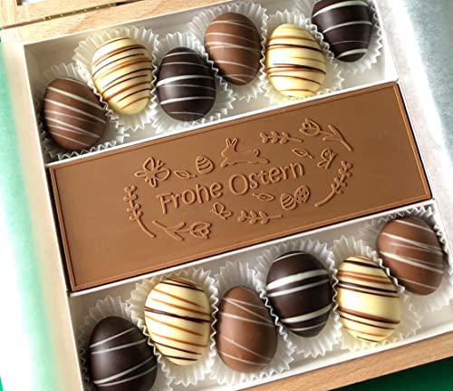 CHOCO SECRETS | Frohe Ostern Box mit Oster-Schokoladen-Tafel | 12 eiförmige Oster-Trüffel-Pralinen | in edler Holzbox von CHOCO SECRETS