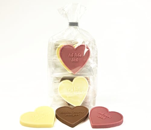 CHOCO SECRETS Liebe-Schokoherzen - 12 geprägte Schokoladenherzen mit „Ich liebe dich“, „Du bist wunderbar“ und „Schön, dass es dich gibt“ - Schokolade-Geschenk zum Muttertag von CHOCO SECRETS
