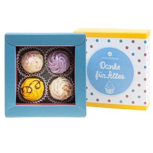 CHOCOLISSIMO - Schokolade Danke Geschenk - Pralinen Geschenk - mit Alkohol - 4 handgemachte Cupcakes Pralinen - Kleines Dankeschön Geschenk für Frauen, Männer, Papa, Mama, Partner, beste Freundin von CHOCOLISSIMO