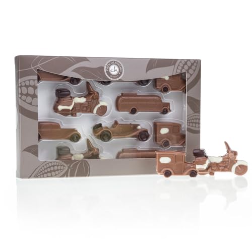 CHOCOLISSIMO - Auto aus Schokolade - Schokolade Geschenk für Kinder, Männer, Jungen, Autofans - 10 Retro Autos & Motorrad aus Vollmilchschokolade - Geburtstagsgeschenk, Tortendeko, lustige Geschenke von CHOCOLISSIMO