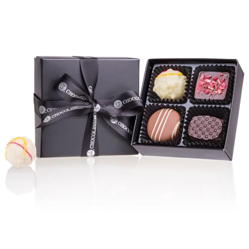 CHOCOLISSIMO - Schokolade Geschenk - Kleines Pralinen Geschenk - 4 edle Pralinen in schwarzer Schachtel, mit Alkohol - Geschenkidee Geburtstag, Jahrestag, Valentinstag für Frauen, Männer, Papa, Mama von CHOCOLISSIMO