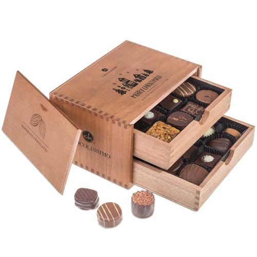 CHOCOLISSIMO - 20 alkoholfrei Pralinen in einem Holzkästchen mit Weihnachtsmotiv und eigener Gravierung | Schokolade | individuelle Geschenkidee | Weihnachten | Holzschachtel mit Personalisierung von CHOCOLISSIMO