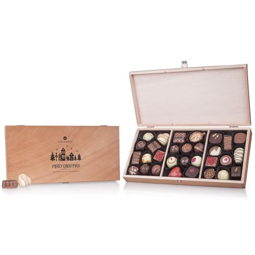 CHOCOLISSIMO - 30 belgische Pralinen in einer Weihnachtsholzschachtel mit persönlicher Gravur | Schokolade | individuelle Geschenkidee | Weihnachten | Holzkästchen mit Personalisierung | Gravierung von CHOCOLISSIMO