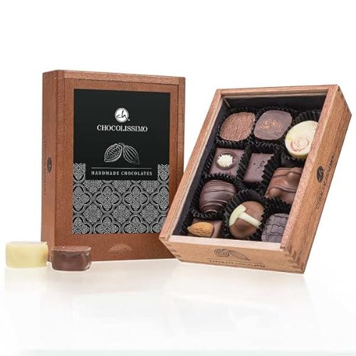 CHOCOLISSIMO Elegance - ohne Alkohol - 10 Luxus Pralinen | in einem Holzkästchen mit Gravur | Personalisierte Geschenkideen | Firmengeschenke | Geschenk | besondere Schokolade von CHOCOLISSIMO