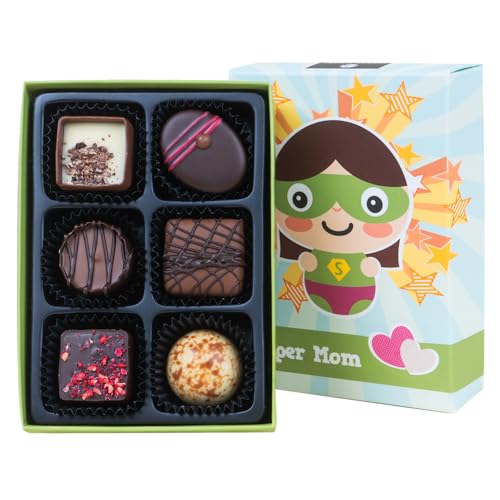 CHOCOLISSIMO - Geschenk Mama - Muttertag Süßigkeiten - Kleines Schokolade Geschenk für Mutter - 6 edle Pralinen in lustiger Schachtel - Geschenkidee Geburtstag, Jahrestag, Weihnachten - Super Mom von CHOCOLISSIMO