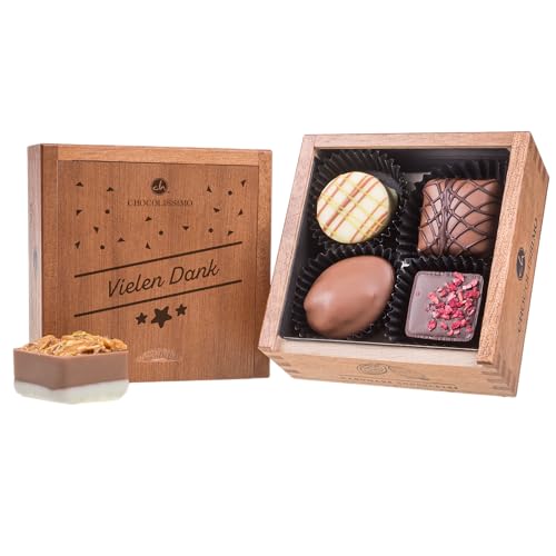 CHOCOLISSIMO - Danke Geschenk - Kleines Dankeschön Geschenk aus Schokolade in Holzbox - 4 edle Pralinen, mit Alkohol - Geschenkidee Geburtstag, Jahrestag, Valentinstag für Frauen, Männer, Papa, Mama von CHOCOLISSIMO