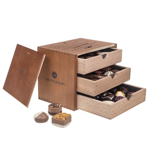 CHOCOLISSIMO - Danke Geschenk - Dankeschön Geschenk aus Schokolade in Holzbox - 30 edle Pralinen, mit Alkohol - Geschenkidee Geburtstag, Jahrestag, Valentinstag für Frauen, Männer, Papa, Mama von CHOCOLISSIMO