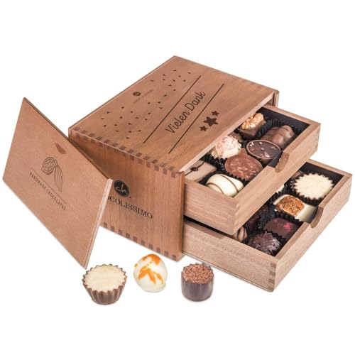 Chocolaterie - Vielen Dank | 20 Pralinen | Holzkästchen enthält zwei Schubladen | Schokolade | Handgemacht | Das Dankeschön für Frauen und Männer von CHOCOLISSIMO