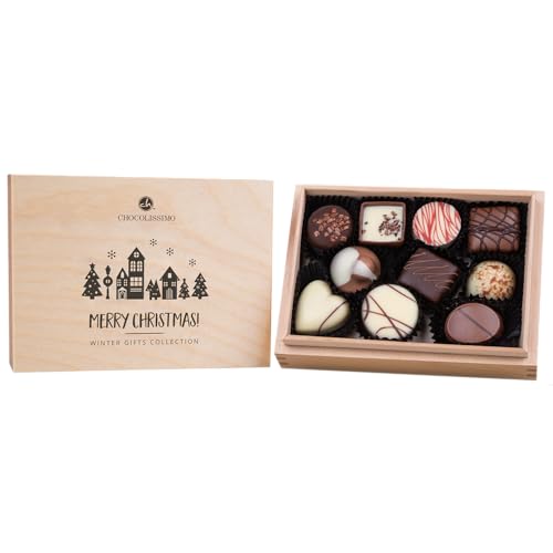CHOCOLISSIMO - Schokolade Geschenk - 10 handgemachte Pralinen im Holzkästchen, ohne Alkohol - Weihnachtsschokolade, Geschenk zu Weihnachten, alkoholfrei, für Kinder, Frau, Mann - Xmas Premiere Mini von CHOCOLISSIMO