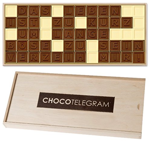 CHOCOLISSIMO - Süße Entschuldigung Geschenk - Verzeih mir Schokoladenbotschaft in Holzbox - für Frauen, Männer, Freundin, Freund - ChocoTelegram - Das Leben ist zu kurz um lange böse zu sein von CHOCOLISSIMO