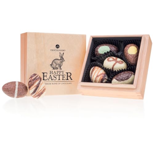 Easter Premiere Quadro - Osterei-Pralinen - 5 gefüllte Schokoladen-Ostereier | Premium Qualität in edler Holz-Box | Ostergeschenk | Ostern Schokolade | Schokoladeneier | Ostergeschenke für erwachsene von CHOCOLISSIMO
