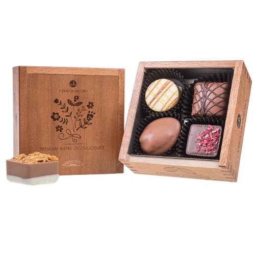 Elegance Mini - Blumen - Pralinen - 4 Pralinen im Holzkästchen | Schokolade | Geschenkidee | Schokoladenpralinen | Schokolade für Frauen | Muttertag | Frauentag | Geburtstag | Weihnachten | Ostern von CHOCOLISSIMO