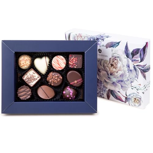 CHOCOLISSIMO - Pralinen Geschenk - Schokolade Geschenk - 10 Stück, mit Alkohol, Geschenk in Schachtel mit Blumenmotiv - für Frauen, Mama, Freundin, zum Geburtstag, Ostern, Valentinstag, Renteneintritt von CHOCOLISSIMO