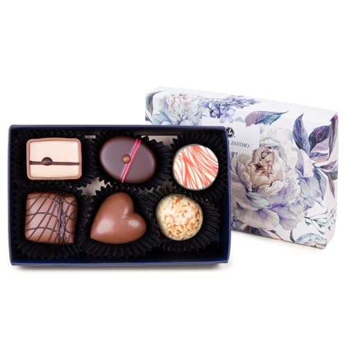 CHOCOLISSIMO - Pralinen Geschenk - Schokolade Geschenk - 6 Stück, mit Alkohol - Geschenk in Schachtel mit Blumenmotiv - für Frauen, Mama, Freundin, zum Geburtstag, Ostern, Valentinstag, Renteneintritt von CHOCOLISSIMO