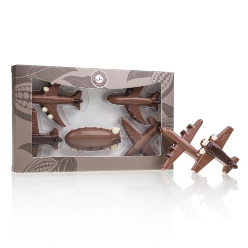 CHOCOLISSIMO - Flugzeuge aus Schokolade - Schokolade Geschenk für Kinder, Mädchen, Junge, Männer - zum Geburtstag, Jahrestag, Weihnachten - 4 Flugzeuge und 1 Zeppelin aus Vollmilchschokolade von CHOCOLISSIMO