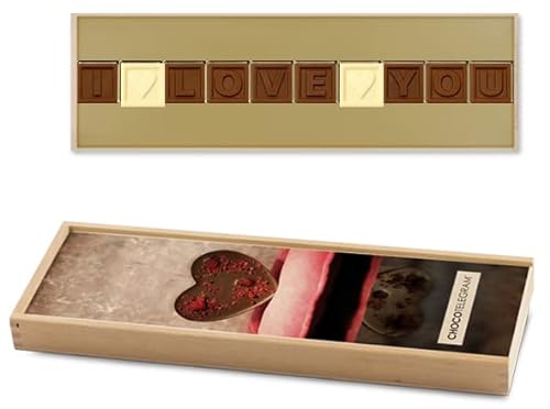 I LOVE YOU - ChocoTelegram Valentinstag geschenke für Männer | Schokoladenbotschaft | Ich liebe dich Schokolade | Holzschachtel mit Herzaufdruck | Valentinstag | Liebesgeschenk | Liebesgeschenke | Frau | Mann von CHOCOLISSIMO