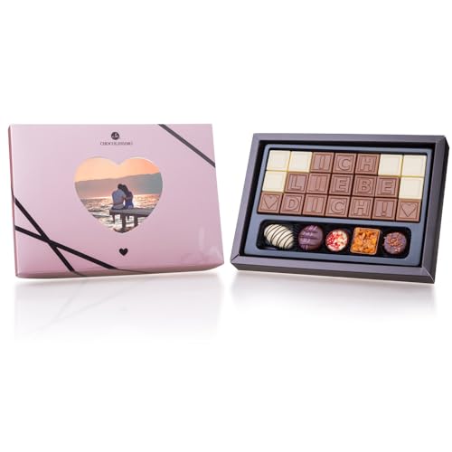 Ich liebe dich und 5 Pralinen - Schokoladenset aus ChocoTelegram und Pralinen - Geschenkidee | Schokolade | Mann | Frau | Junge | Mädchen | Valentinstag | Hochzeit | Hochzeitstag | Schokoladentext von CHOCOLISSIMO