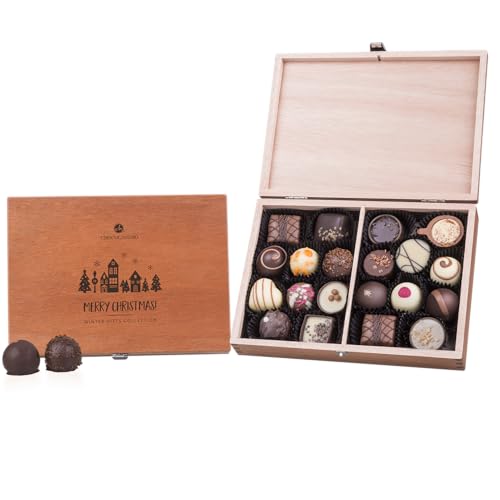 Merry Classic - 20 handgefertigte Pralinen im Holzkästchen - Pralinen im Holzkästchen - Geschenk - Weihnachten - Schokolade edler Verpackung | Weihnachtspralinen | Weihnachtsschokolade Männer | Frauen von CHOCOLISSIMO