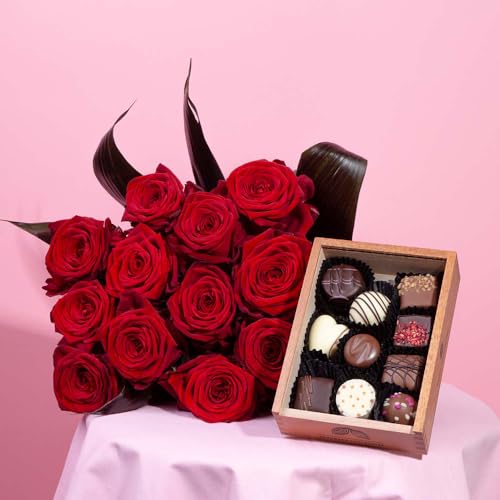 Rote Rosen und Elegance - Geschenkeset für Frauen | Schokolade | Geschenk | Frau | Frauen | Frauengeschenk | Valentinstag | Geburtstag | Hochzeitstag | Ehefrau | Liebesgeschenk | Blumenstrauß von CHOCOLISSIMO