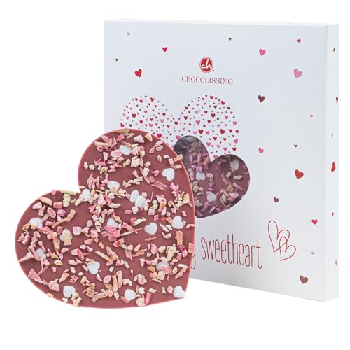 CHOCOLISSIMO - Liebes Geschenk aus Schokolade - Schoko Herz mit Rhabarber, aus Ruby Schokolade - Jahrestag, Geburtstag, Geschenke für Frauen, Mama, Freundin, Frauentag, Ostern, Valentinstag, liebe von CHOCOLISSIMO