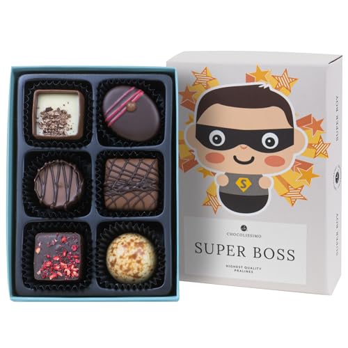 Super Boss Man - 6 Schokoladenpralinen mit und ohne Alkohol | Schokolade | Pralinen | Geschenkidee | Geschenk für den Chef | Boss | Männergeschenk | Geburtstagsgeschenk | Namenstag | Weihnachten von CHOCOLISSIMO