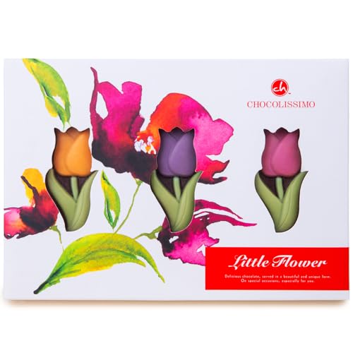 Tulpen aus Zartbitterschokolade - drei flache Schokoladenblumen | Geschenk | Geschenkidee | Frauentag | Geburtstag | Weihnachten | Ostern | Mann | Frau | Kind | Valentinstag | Schokoladenfiguren von CHOCOLISSIMO