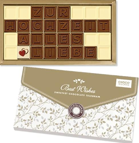 Zur Hochzeit alles Liebe - ChocoTelegram zur Vermählung | Geschenkidee | Schokolade | Mann | Frau | Braut | Bräutigam | Hochzeitsfeier | Ehe | Glückwünsche | Schokoladentext | Glückwunsch von CHOCOLISSIMO