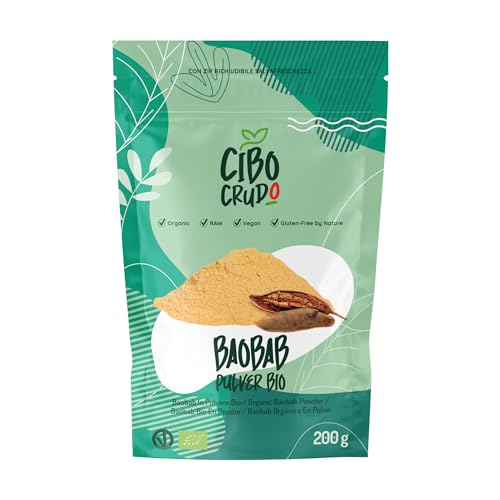 Baobab Pulver Bio - 200g. Affenbrotbaum Pulver. Enthält Eiweiß Ballaststoffe Kalzium Vitamin C und Eisen. Baobab Fruchtpulver. Baobapulver Natürlich und Rein. von CIBO CRUDO crudo biologico vegan