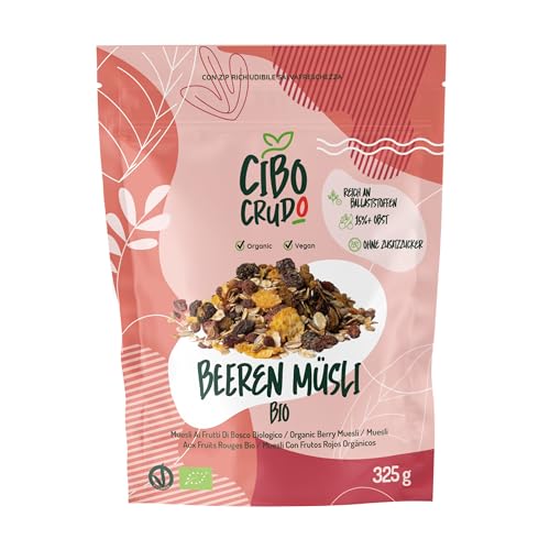 Bio Beeren Müsli - 375g. Musli mit Hafer und Roggenflocken mit Trockenfrüchten und Getrockneten/Gefriergetrockneten Früchten wie Schwarzkirsche Johannisbeere Erdbeere und Himbeere. von CIBO CRUDO crudo biologico vegan