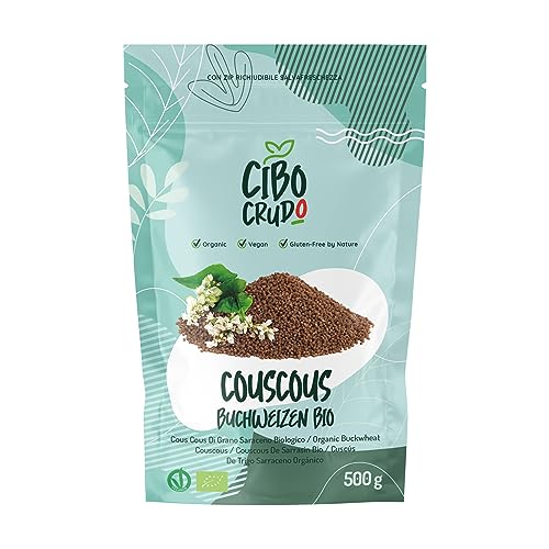 Bio Buchweizen Cous Cous - 500g. Natürlich Glutenfrei und Biologisch. Quelle für Ballaststoffe Magnesium und Phosphor. Enthält Vitamin B. Eignet sich gut als Beilage zu kalten Salaten oder Suppen. von CIBO CRUDO crudo biologico vegan