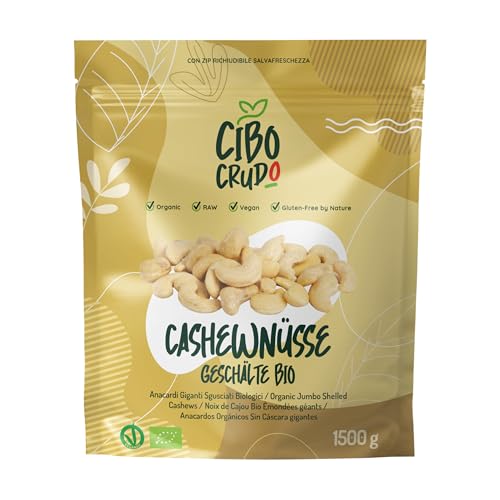 Bio Cashewkerne - 1.5Kg. Roh Cashewkerne Ungeröstet Ungesalzen & Rohkost. Unbehandelt und ohne Zusätze Glutenfrei und Vegan. Cashew Bruch Bio. Reich an Proteinen Vitaminen & Mineralstoffen. von CIBO CRUDO crudo biologico vegan