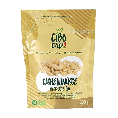 Bio Cashewkerne - 500g. Roh Cashewkerne Ungeröstet Ungesalzen & Rohkost. Unbehandelt und ohne Zusätze Glutenfrei und Vegan. Cashew Bruch Bio. Reich an Proteinen Vitaminen & Mineralstoffen. von CIBO CRUDO crudo biologico vegan