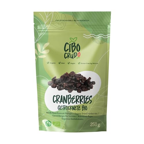 Bio Cranberry Getrocknet ohne Zucker - 250g. Kanadische Cranberries. Natürliche und Reine Ungesüßt Getrocknete Blaubeeren. Getrocknete Preiselbeeren der Spitzenklasse. Organic Dried Cranberries. von CIBO CRUDO crudo biologico vegan