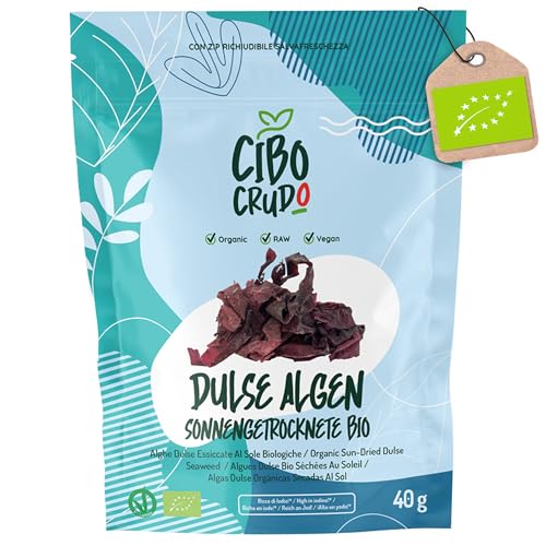 Bio Dulse Algen - 40g. Atlantischer Lappentang aus Atlantik. Getrocknete Algen Reich an Vitaminen Eisenprotein Jod und Kalium. Keine Flocken Sondern Seetangstücke zum Essen. von CIBO CRUDO crudo biologico vegan