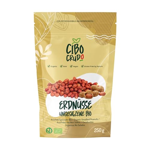 Bio Erdnüsse Ungeröstete und Geschälte - 250g. Ungesalzen Nüsse. Enthalten Eiweiß Ballaststoffe Vitamine und Mineralstoffe. Für Snacks oder zur Herstellung von Erdnussbutter. von CIBO CRUDO crudo biologico vegan