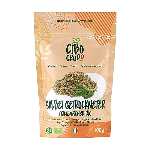 Bio Getrockneter Salbei Blätter - 100g. Salbeitee Bio Lose auch zum Würzen von Fleisch Suppen oder Soßen. Salbeiblätter Getrocknet. von CIBO CRUDO crudo biologico vegan