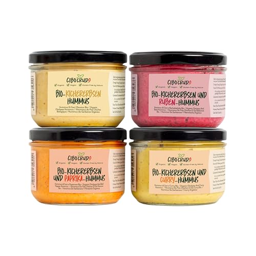 Bio Kichererbsen Hummus - Mischung mit 4 Geschmäckern mit 220 Gramm. Hummus von Kichererbsen Sesam. Enthält Proteine Ballaststoffe B-Vitamine und Mineralsalze. Niedriger Glykämischer Index. Bio Kichererbsen Hummus - Mischung mit 4 Geschmäckern mit 220 Gramm. Hummus von Kichererbsen Sesam. Enthält Proteine Ballaststoffe B-Vitamine und Mineralsalze. Niedriger Glykämischer Index. von CIBO CRUDO crudo biologico vegan