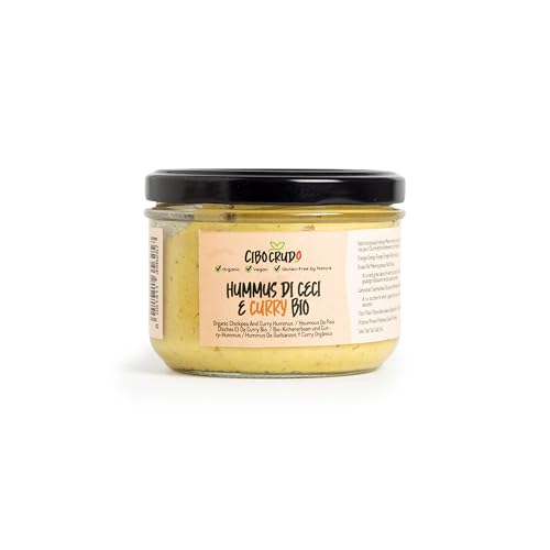Bio Kichererbsen Hummus mit Curry - 220 Gramm. Hummus von Kichererbsen Sesam und Curry. Enthält Proteine Ballaststoffe B-Vitamine und Mineralsalze. Niedriger Glykämischer Index. von CIBO CRUDO crudo biologico vegan