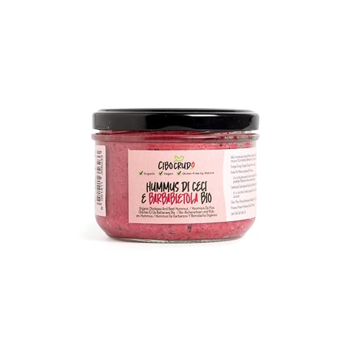 Bio Kichererbsen Hummus mit Rote Beete - 220 Gramm. Hummus von Kichererbsen Sesam und Roter Bete. Enthält Proteine Ballaststoffe B-Vitamine und Mineralsalze. Niedriger Glykämischer Index. von CIBO CRUDO crudo biologico vegan