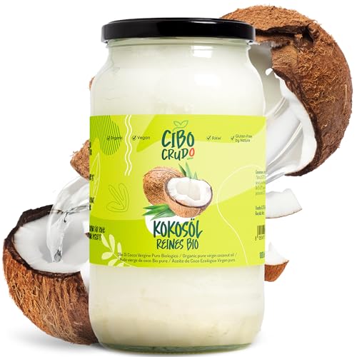 Bio Kokosöl Nativ und Kaltgepresst - 1 LT. Kokosöl Bio Flüssig für Haare Haut und Backen oder Kosmetik. Virgin Organic Coconut Oil for Hair. von CIBO CRUDO crudo biologico vegan