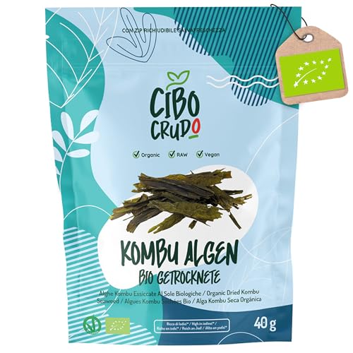 Bio Kombu Algen Vegan - 40g. Premium Qualität Sonnengetrocknet Alge. Seetang Blätter für Dashi Brühe order Sushi. Konbu Algen Getrocknet. Reich an Ballaststoffen und Mineralsalzen von CIBO CRUDO crudo biologico vegan