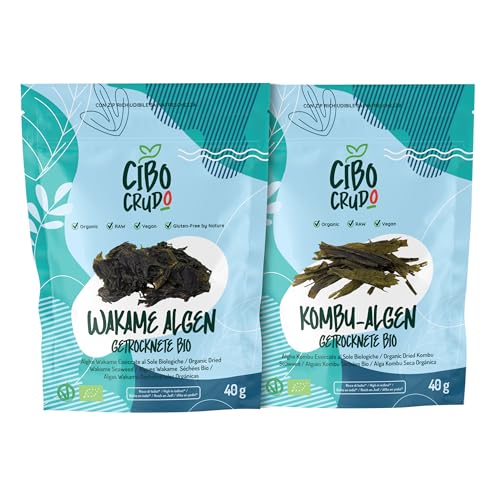 Bio Kombu und Wakame Algen - 40g pro Paket - Premium Qualität. Sonnengetrocknet Alge. Seetang Blätter für Dashi Brühe Miso Suppe order Sushi. Reich an Ballaststoffen und Mineralsalzen. von CIBO CRUDO crudo biologico vegan