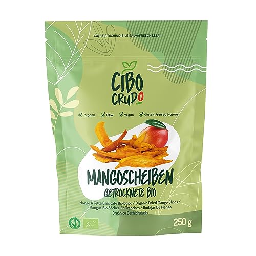 Bio Mango Getrocknet - 250g. Getrocknete Mango ohne Zucker. Mangostreifen zur Verwendung als Snack oder in Süßen Rezepten. Reich an Vitamin A & C Ballaststoffe und Antioxidantien. von CIBO CRUDO crudo biologico vegan