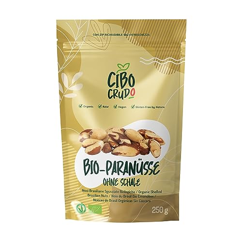 Bio Paranüsse Geschält - 250g. Paranuss Kerne Bio aus Brasilien. Enthalten Selen Proteine Ballaststoffe und Mineralien. Nützlich als Snack oder für Rezepte. Für Vegetarier und Veganer. von CIBO CRUDO crudo biologico vegan