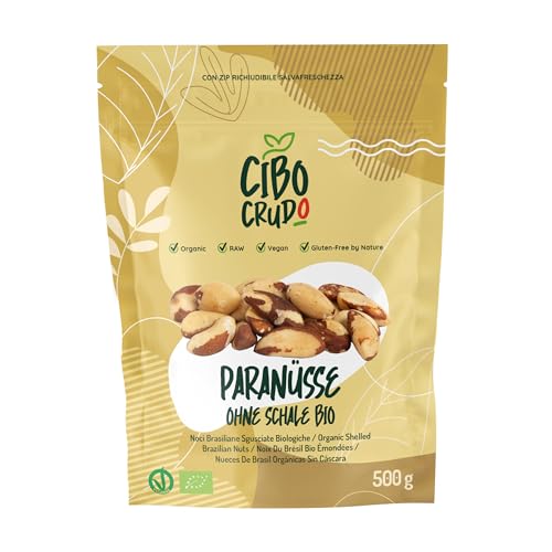 Bio Paranüsse Geschält - 500g. Paranuss Kerne Bio aus Brasilien. Enthalten Selen Proteine Ballaststoffe und Mineralien. Nützlich als Snack oder für Rezepte. Für Vegetarier und Veganer. von CIBO CRUDO crudo biologico vegan