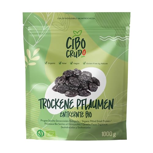 Bio Pflaumen Getrocknet und Entsteint - 1Kg. Roh Pflaume Ungeschwefelt ohne Zuckerzusatz oder Zusätze. Getrocknete Pflaumen Bio als Aromatische Trockenfrüchte. Backpflaumen ohne Stein. von CIBO CRUDO crudo biologico vegan