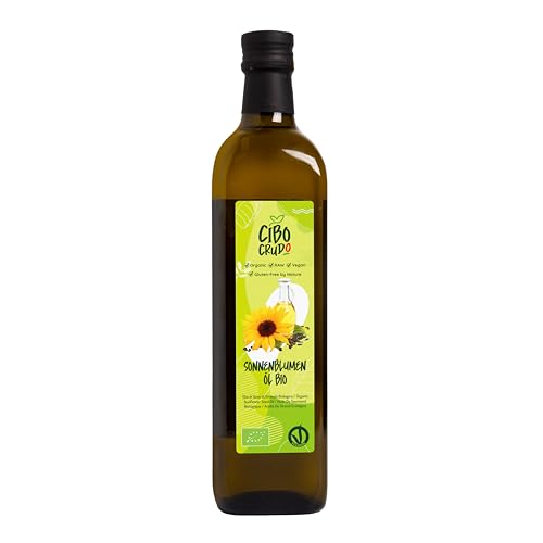 Bio und Roh Sonnenblumenöl - 750ml. Pflanzenöl Sonnenblumenöl zum Braten oder Kochen. Quelle von Omega-6-Linolsäure Vitamin E und Antioxidantien. Organic Sunflower Oil. von CIBO CRUDO crudo biologico vegan