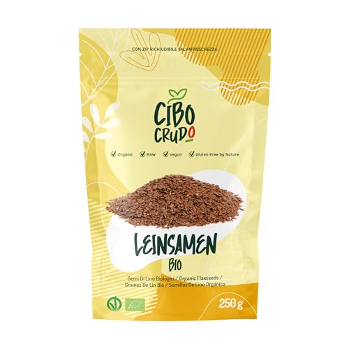 Braun Bio Leinsamen Ganz - 250g. Höchster Qualität Leinsamen Bio Nicht Geschrotet Ideal zum Backen Jogurt und Müsli 100% Natürlich und Rein. Reich an Omega 3 und Vegan. Organic Flaxseed. von CIBO CRUDO crudo biologico vegan